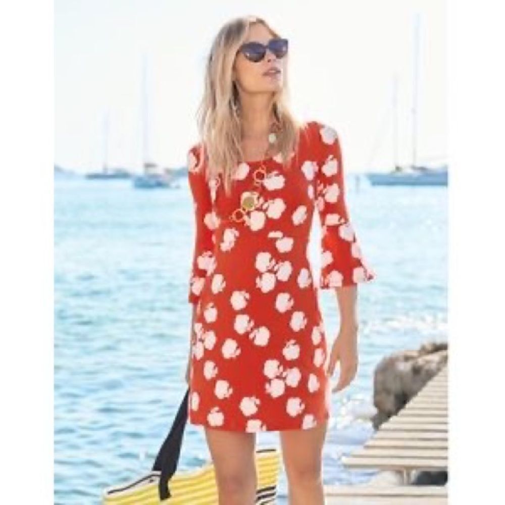Boden Miriam Jersey Tunic Bell Sleeve Floral
Dress, Blue, Size 6